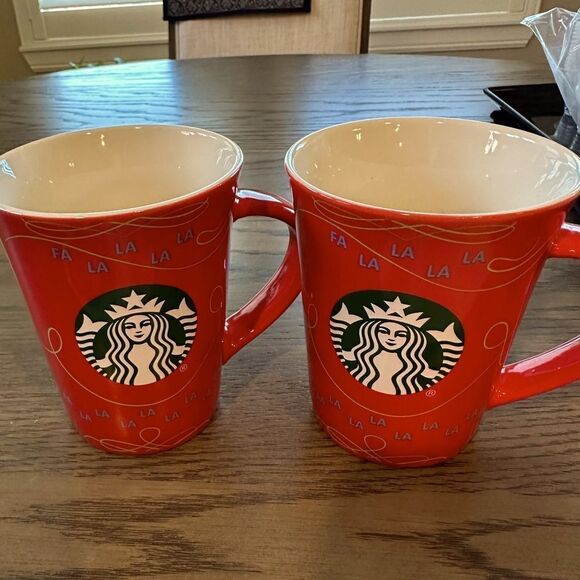 STARBUCKS Red Porcelain Holiday Mug Christmas Fa la la 10oz EUC 2020 set of 2 - Picture 5 of 9